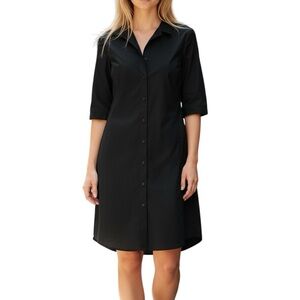 Eileen Fisher Black 3/4 Sleeve Button Down Stretch Dress Cotton Spandex  Small
